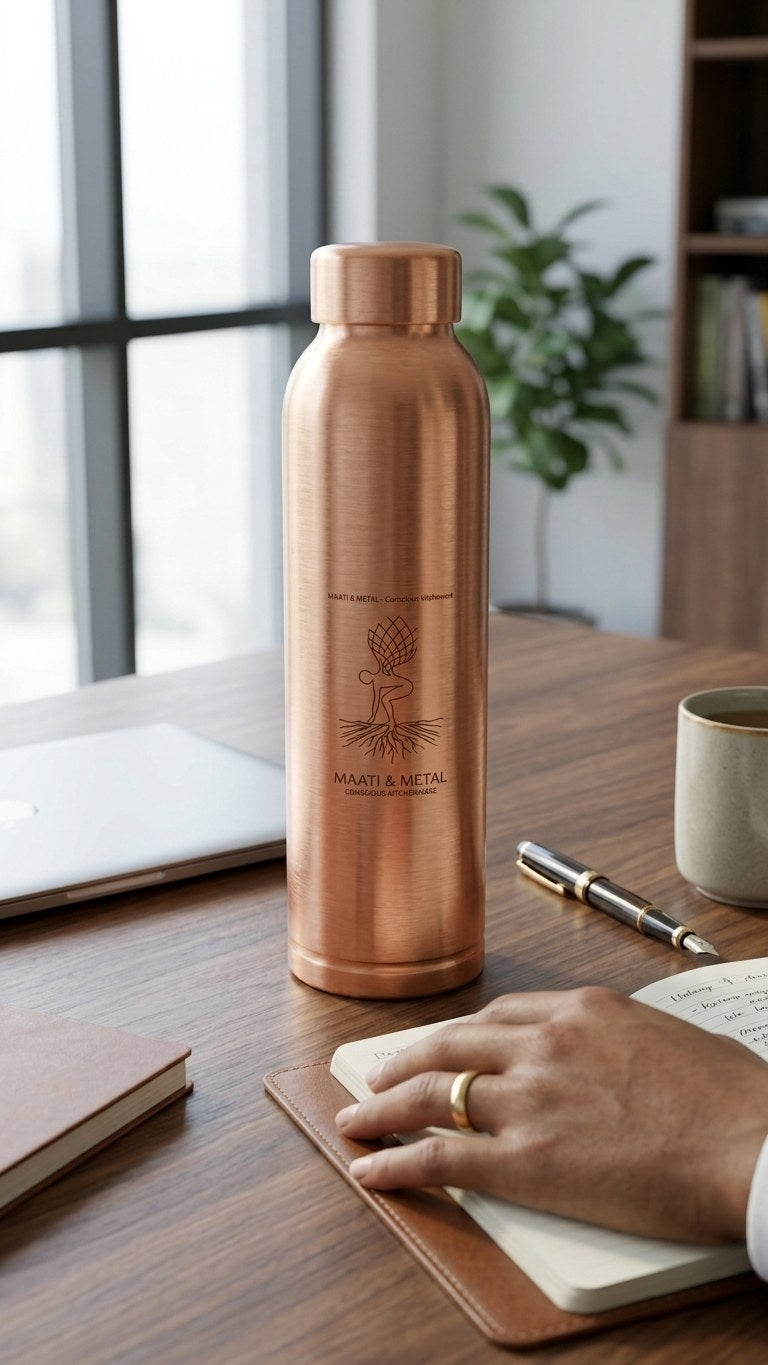 Pure Copper Bottle 1 Litre — at wooden workspace