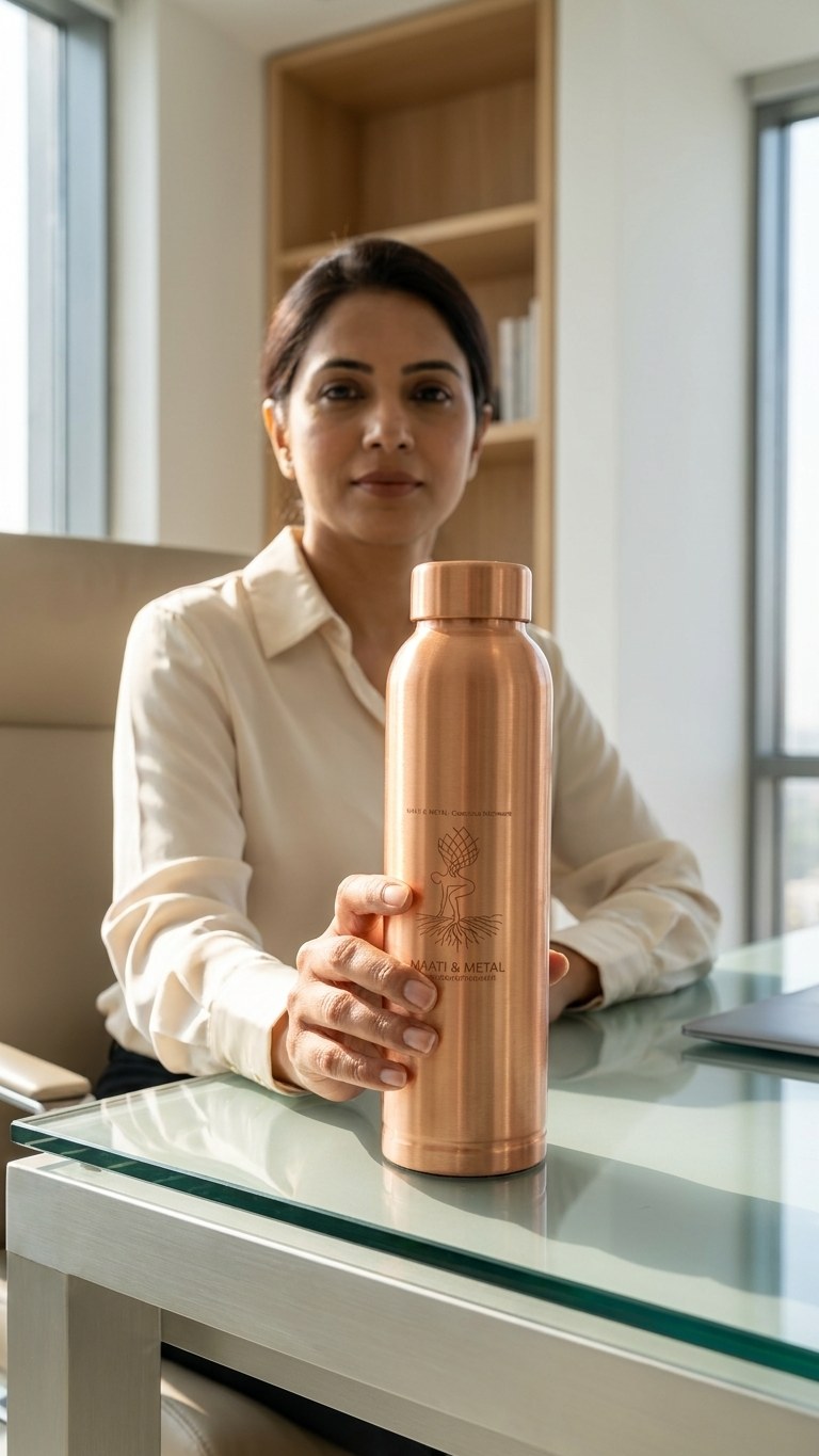Pure Copper Bottle 1 Litre — held at office desk
